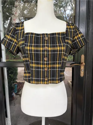 Hollister Black & Mustard Plaid Square-Neck Crop Top thumbnail 1