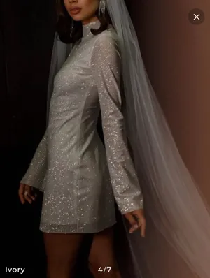 Long sleeve high neck sparkle ivory dress thumbnail 4