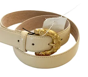 Liz Claiborne Vintage Medium Cream Genuine Bonded Leather Gold Hardware Belt NEW thumbnail 1