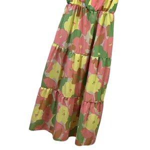 Floral Tiered Maxi Dress Pink‎ Yellow Green Smocked Back Pockets Sleeveless thumbnail 7