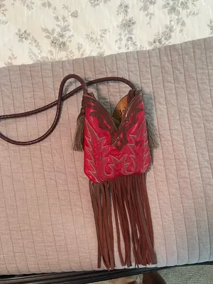 Red Leather Fringe Crossbody Mini Bag with Brown Trim thumbnail 2