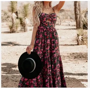 NWOT Fore Floral Tiered Boho Maxi Dress Cut Out Large Cotton Large thumbnail 2