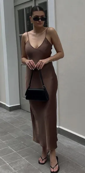 Zara dress midi maxi satin wedding lingerie chocolate brown party cocktail thumbnail 3