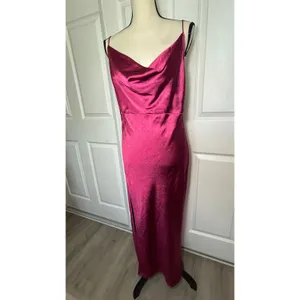 Lioness Satin Maxi Dress L Magenta Pink Cowl Neck Side Slit‎ Open Back Slip thumbnail 2