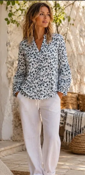 Haver + Blair London Navy Leaf Print Ruffle Neck Crochet Sleeve Blouse Medium thumbnail 1