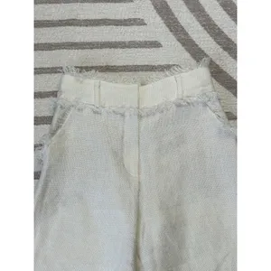 Uterqüe Women Off White Wide Leg Crop Pants Textured Raw Hem Fringe High Waist S thumbnail 5