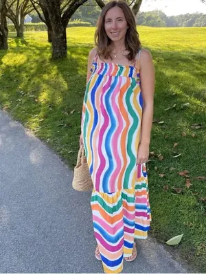FARM RIO Maxi Dress rainbow colorful Wavy Dancing Stripes Beaded Tassel thumbnail 4