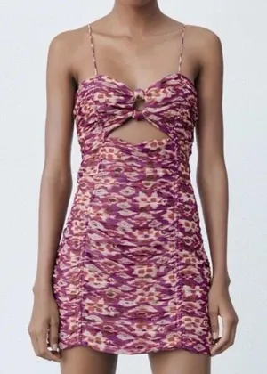 Zara Dress Size M Purple Gold Draped Floral Cut‎ Out Front Mini Spaghetti Straps thumbnail 1