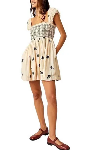 Free People Tory Embroidered Mini Dress Smock Bodice Medium thumbnail 1
