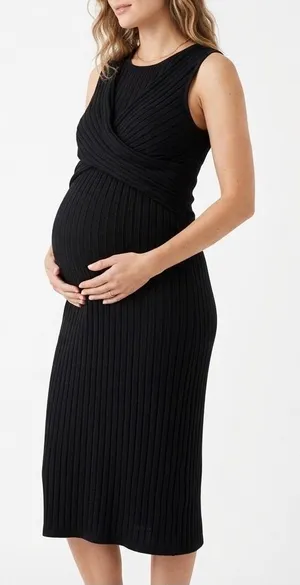 Black Ribbed Knit Maxi Dress Sleeveless Wrap Front Tie Waist thumbnail 1
