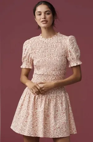 Reformation Leannah Pink Floral Smocked Mini Dress Organic Cotton Puff Sleeve 2 thumbnail 1