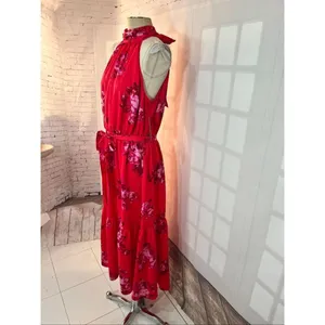 Scoop NWT Red Floral Halter Neck Tie Waist Sleeveless Maxi Dress Size XL thumbnail 4