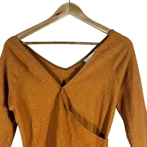 Maeve Anthropologie Ribbed Surplice Faux Wrap V-Back Top Burnt Orange Size Small thumbnail 3