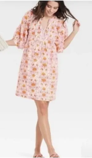 Universal Thread orange pink bohemian floral puff sleeve dress xs thumbnail 1