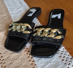 Black Slide Sandals with Gold Chain Accent - Women thumbnail 1