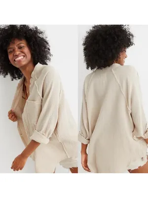 Aerie Pool To Party Gauze Cotton Button Down Coverup Shirt Size XS thumbnail 3