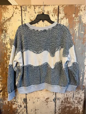 Oli & Hali Mixed Fabric Distressed Crewneck pullover, size small, gray/blue thumbnail 7