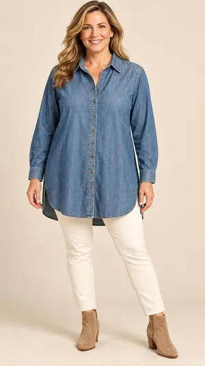 Chico's Women Blue Denim Tunic Button Down Shirt Cotton Size 2 Medium Wash L thumbnail 1