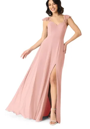 NWT Azazie Everett Rosette A-Line V-neck Ruched Chiffon Dress thumbnail 1