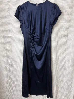 Petal + Pup Lisbeth Ruched Satin Midi Dress Navy Large NWT thumbnail 7