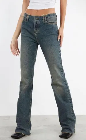 Motel Denim Womens Blue Distressed Raw Waist Low Rise Y2K Flare Jeans Size 31/S thumbnail 1