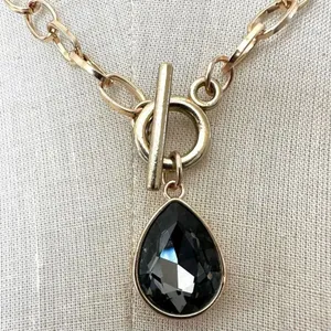 Gold tone grey rhinestone teardrop pendant necklace thumbnail 4