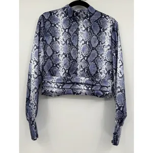 Topshop Python Snake Print Satin Crop Top Navy Mock Neck Long Sleeve Chic Blouse thumbnail 3