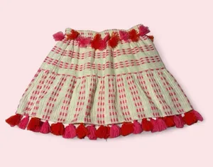 Anthropologie Tessora Cream Skirt with Pink and Red Tassel Trim thumbnail 1