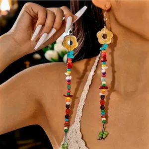 Boho-Chic Acrylic Resin Colorful Beaded Tassel Earrings with‎ Flower Charms thumbnail 2
