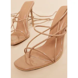 PrettyLittleThing Camel Patent Square Toe Lace Up Heeled Sandal, Size 8‌ thumbnail 2