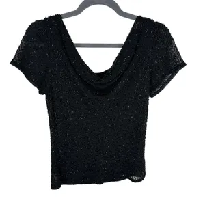 Jkara NWT Black‎ Beaded Drape Neck Cap Short Sleeve Lined Blouse Size S Black thumbnail 2