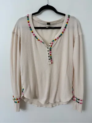 {S} We the Free Free People Cream Waffle Knit Henley Top with Multicolor Trim thumbnail 2