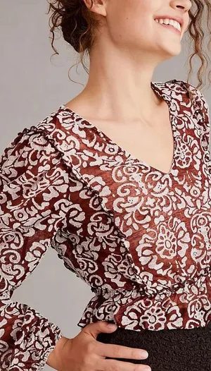 By‎ Anthropologie Jacquard Peasant Blouse Women's Blouse Wine M Ruffle Peplum thumbnail 1