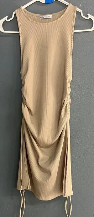 ZARA Tan High Neck Sleeveless Gathered Mini Bodycon Vacation Beach Dress Small # thumbnail 1