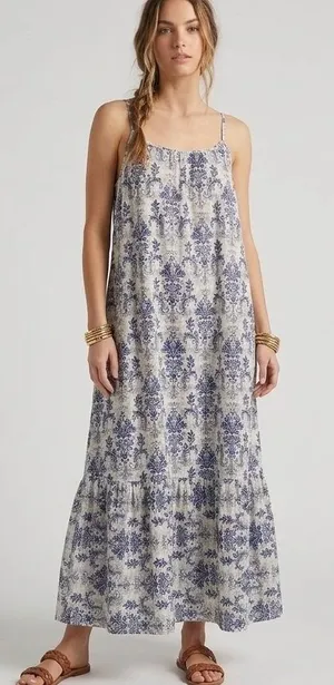 Dokotoo Boho Blue White Damask Paisley‎ Spaghetti Strap Tiered Maxi Dress XL NWT thumbnail 1