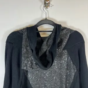 Free People‎ Sequin Mixed Media Hoodie Black Charcoal Grey Pullover Small boho thumbnail 7