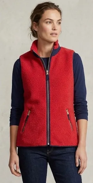 Crown & Ivy Red Sherpa Fleece Full Zip Vest Navy Trim Size Small thumbnail 1