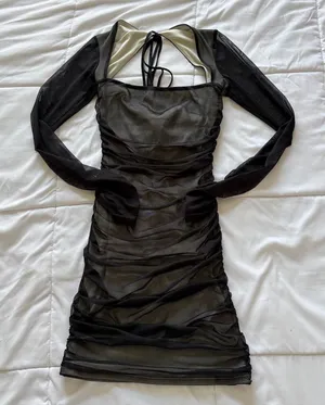 Lucy in the Sky Black Mesh Ruched Long Sleeve Open Back Bodycon Mini Dress Small thumbnail 1