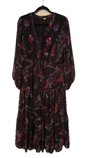 REBA | Black Paisley Print Midi Dress Sheer Sleeves Metallic Detail | Size L thumbnail 1