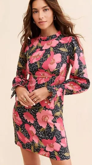 O Anthropologie Linen Kachel Black Mini Dress with Pink Floral Print NWOT size 4 thumbnail 1