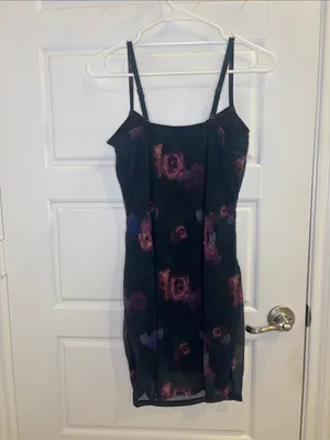 Popilush Floral Mesh Ruched Bodycon Mini Dress Black M thumbnail 3