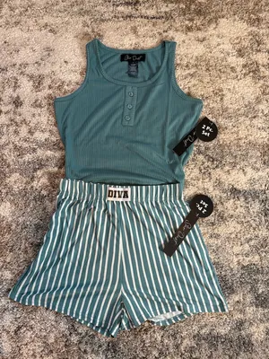 Diva Teal Ribbed Tank & Striped Shorts Set Green thumbnail 3