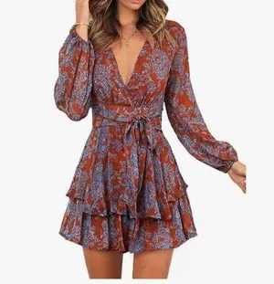 NEW V Neck Ruffle Chiffon Tie Knot Mini L Swing Skater Dress XL thumbnail 3
