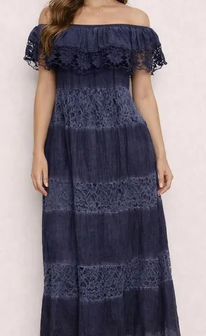 Blue Maxi Dress Large Lace Off Shoulder Boho Cottagecore Romantic Flowy Lace New thumbnail 1