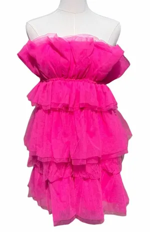 Thirty Thirty LA Strapless Mini Dress Women’s XS Hot Pink Tiered Tulle Ruffle thumbnail 1
