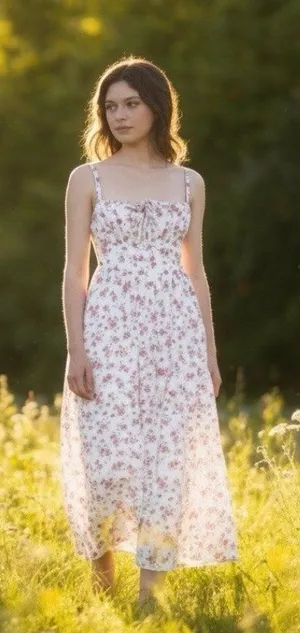 Rose Floral Cottagecore Smocked Back Tie Front Midi Dress XL Coquette Milkmaid thumbnail 1