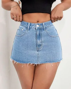 Denim Blue Patchwork Frayed Distressed Hem Mini Skirt thumbnail 1