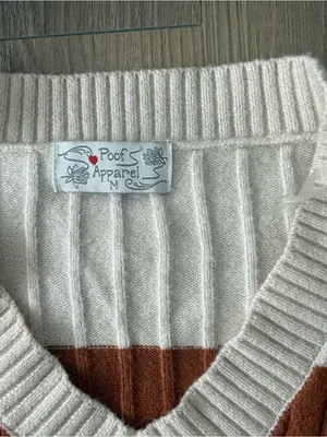 Poof Apparel Striped V-Neck Sweater in Cream, Rust & Taupe thumbnail 2