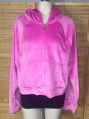 Victoria's Secret On Point Plush Velour Bright Pink Full Zip Logo Hoodie large thumbnail 1