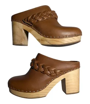 Dolce Vita Hila Cognac Brown Leather Braided Band Wooden Heel Boho Clogs Sz 8.5 thumbnail 1
